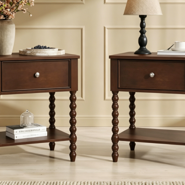 Vintage Solid Walnut Nightstand with Turned Legs and Storage