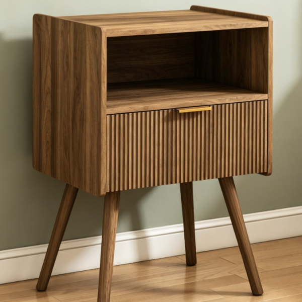 Modern Walnut Nightstand with Drawer and Shelf