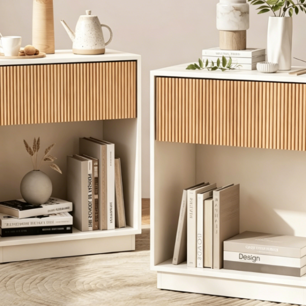 Mid-Century Grooved Nightstand Set with Drawer and Shelf