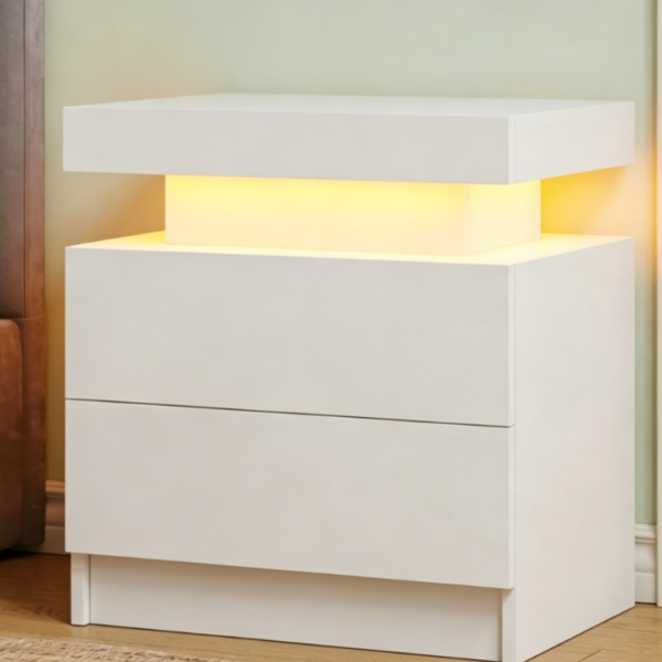 White LED Nightstand with Two Wooden Drawers