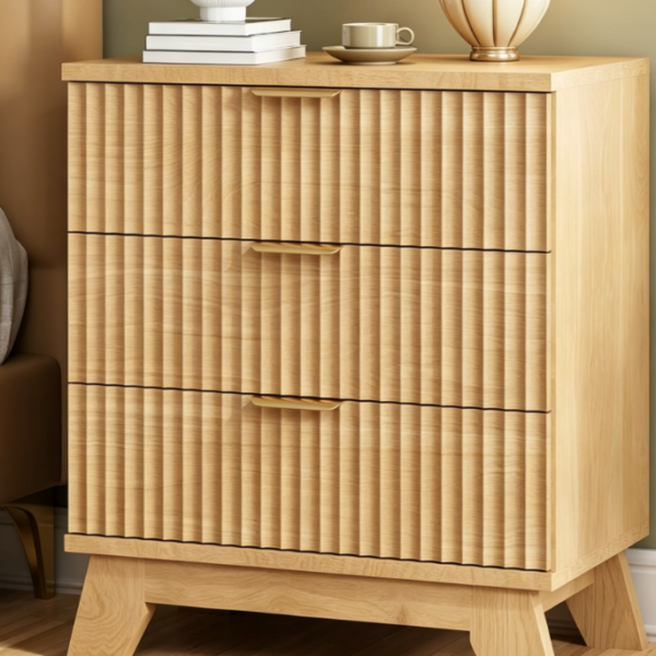 Grooved Oak-Finish Nightstand with Three Large Storage Drawers